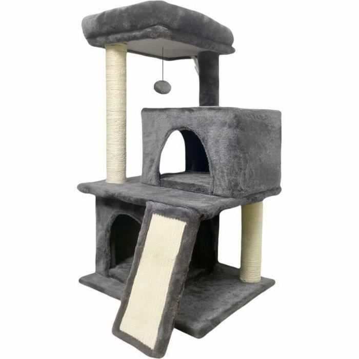 FLOPI Rascador para gatos gris oscuro - 44,5 x 48 x 86 cm - Gris oscuro - 1 plataforma, 1 pelota de juego, 2 casetas, 1 rampa