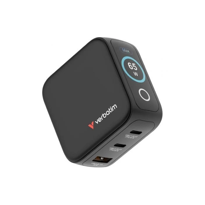 Verbatim Mini Cargador GaN 65W con Pantalla, 2xUSB-C PD, 1xUSB-A QC 3.0, Universal 100-240V, 30238 3 Verbatim Mini Cargador GaN 65W con Pantalla, 2xUSB-C PD, 1xUSB-A QC 3.0, Universal 100-240V, 30238 3