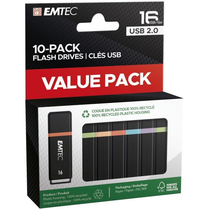 EMTEC K100 Memoria USB 2.0 16GB, Tipo A, Tapa, Pack de 10 Unidades, Multicolor