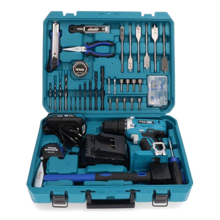 Kit maletin taladro atornillador con 70 accesorios 20v con batería y cargador koma tools 2