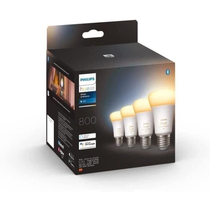 Philips Hue White Ambiance, bombilla LED conectada E27, 60W equivalente, 800 lumen, 4 paquete, Bluetooth Compatible Philips Hue White Ambiance, bombilla LED conectada E27, 60W equivalente, 800 lumen, 4 paquete, Bluetooth Compatible