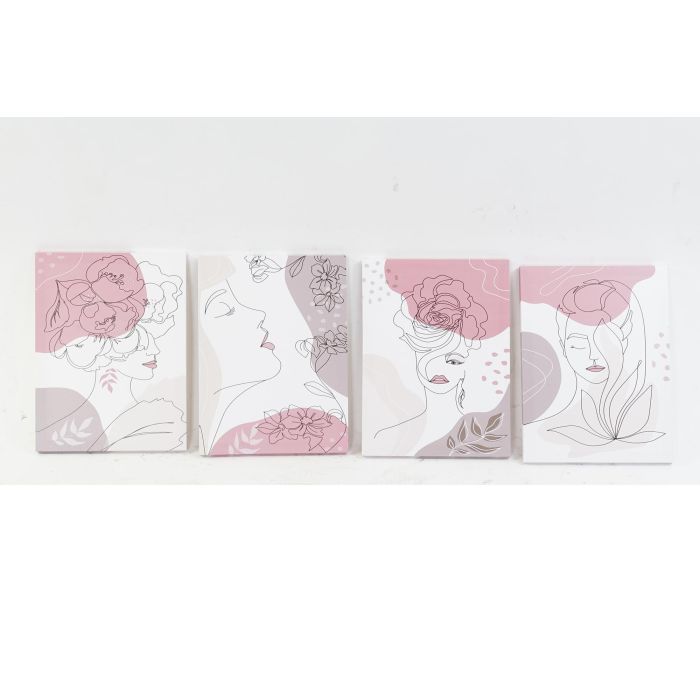 DKD Home Decor Cuadro Scandi Mujer en Lienzo y Pino, Set de 4 Unidades, Beige y Rosa, 40x30x1.8 cm