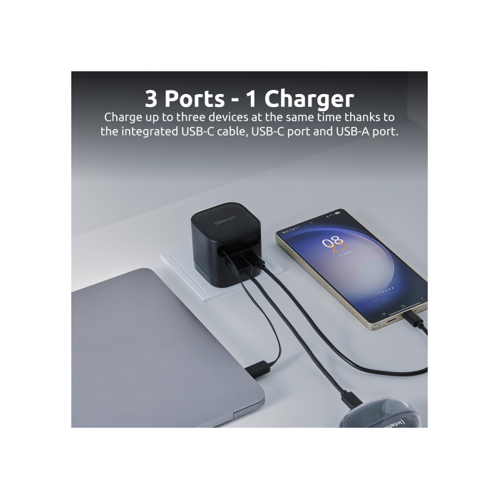 Intenso W65ACIC Cargador de Pared GaN 65W con 3 Puertos (2 USB-C, 1 USB-A) PD 3.0, PPS, QC 4.0, Negro, Enchufe EU 4