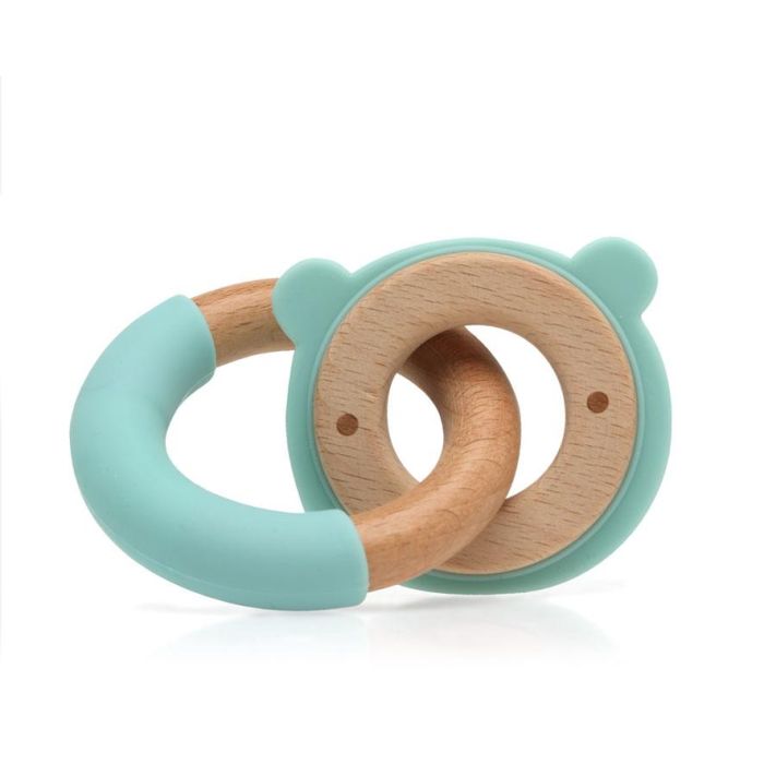 KioKids Mordedor para Bebé Madera de Haya y Silicona de Alta Calidad Oso Verde +3 Meses Masajea Encías Alivia Dentición Colección Ecofriendly 2