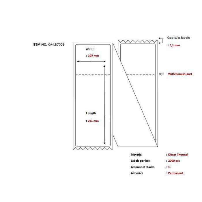 Capture Shipping label 105 x 251mm, Direct Thermal, with receipt part. Fanfold, 2000 labels per box Capture Shipping label 105 x 251mm, Direct Thermal, with receipt part. Fanfold, 2000 labels per box