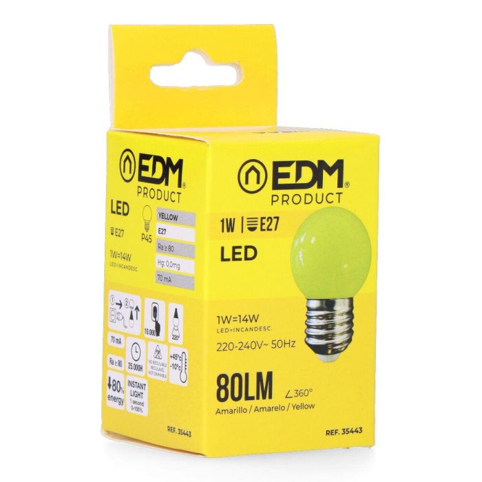 Edm Bombilla Esférica LED E27 1W 80lm Luz Amarilla Ø45 x 69mm 25000h Clase F 220-240V 2