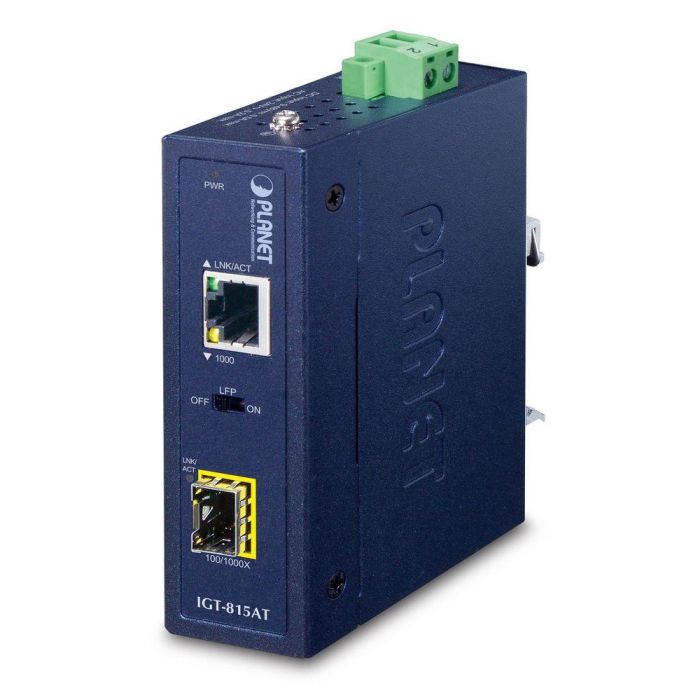 Planet IGT-815AT Convertidor de Medios Industrial Gigabit SFP 100/1000BASE-X a RJ45 10/100/1000BASE-T IP30 Compacto -40 a 75°C