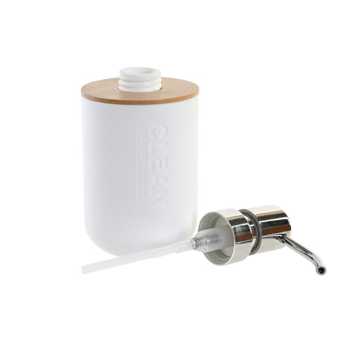 DKD Home Decor Dosificador de Jabón Líquido Basicos Estilo Nórdico Moderno con Cuerpo en PP Blanco y Base de Bambú Natural para Baño - 9x15.5x7 cm
