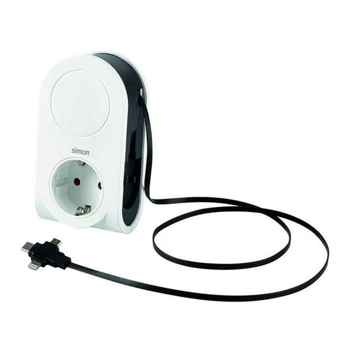 Simon Adaptador de enchufe con 3 puertos USB (C, Micro USB, Lightning) + 1 USB-A + 1 Toma Schuko, 16A 250V, cable enrollable 80 cm, Blanco