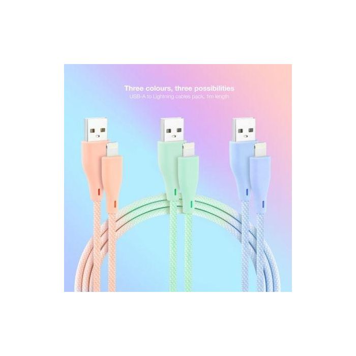 Nanocable 10.10.0401-CO1 Pack 3 Cables USB 2.0 Lightning USB A a Lightning Macho Mallados 1m Colores Rosa, Azul y Verde 1 Nanocable 10.10.0401-CO1 Pack 3 Cables USB 2.0 Lightning USB A a Lightning Macho Mallados 1m Colores Rosa, Azul y Verde 1