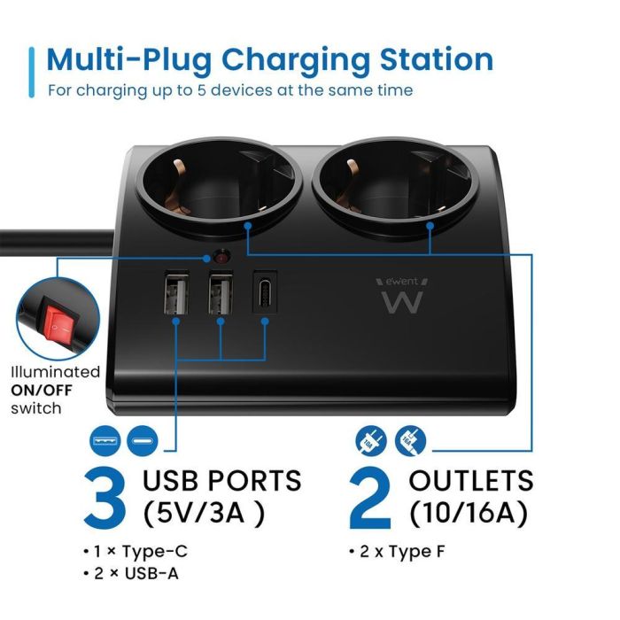 Ewent Regleta 2 Tomas Schuko 2 Puertos USB y 1 USB-C EW3871, Interruptor, Protección Niños, 1.5m 1 Ewent Regleta 2 Tomas Schuko 2 Puertos USB y 1 USB-C EW3871, Interruptor, Protección Niños, 1.5m 1