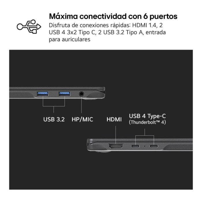 LG Gram 14ZD90RU-G.AX55B Portátil 14" WUXGA Intel Core i5-1334U 16GB RAM 512GB SSD Ultraligero 24.5h Batería FreeDOS Negro 8