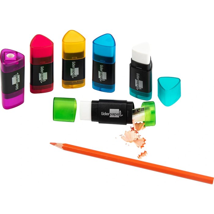 Liderpapel Goma de Borrar Triangular con Sacapuntas Ecológica sin PVC Colores Surtidos 11