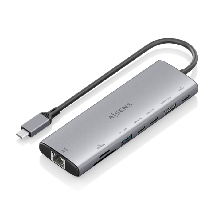 AISENS Dock USB-C 8 en 1 con HDMI, RJ45, USB-C PD 100W, USB 10G, Lector SD/MicroSD, Gris