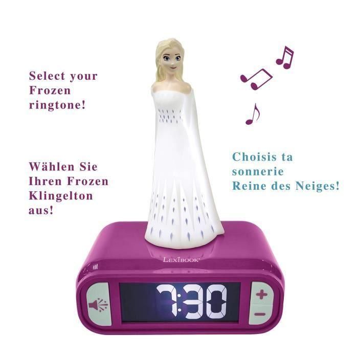 Lexibook Radio Despertador Frozen 2 Elsa: Luz Nocturna Iluminada, Sonidos y Alarmas Temáticas, Pantalla LCD 1