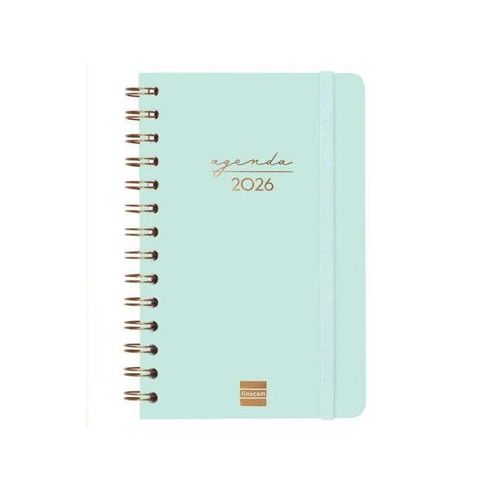 Finocam E5-117x181 mm Agenda Espiral Alma 2026 Tapa Dura Menta. Con goma elástica, esquinas microperforadas y set de adhesivos.