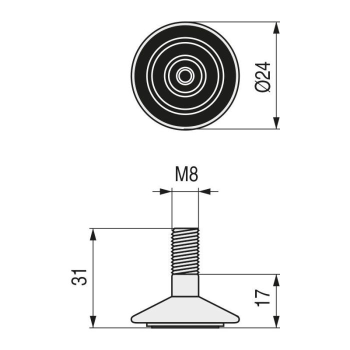 Herrajes Fab.Nacional Pie Nivelador Regulable Tako Ø25 mm Rosca M8 H31 mm Zincado 1