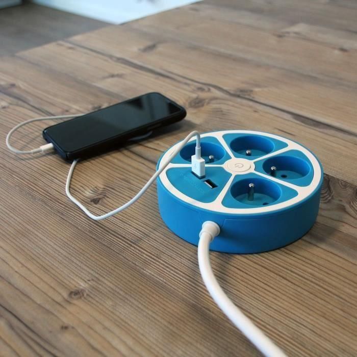 Regleta de diseño circular - CHACON - 4X16 A - Cable de 1,5 m - Con 2 USB-A + Switch - Azul 5 Regleta de diseño circular - CHACON - 4X16 A - Cable de 1,5 m - Con 2 USB-A + Switch - Azul 5
