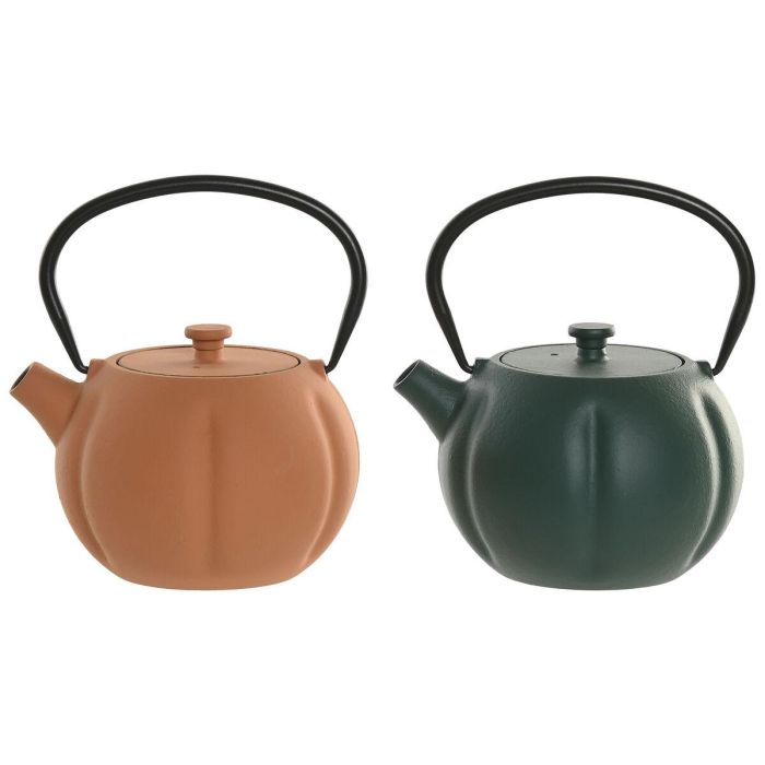 DKD Home Decor Tetera Oriental de Hierro Fundido e Inox Naranja/Verde 1L (2 Unidades) 12.3 x 16.5 x 14.5 cm Lavavajillas/Gas