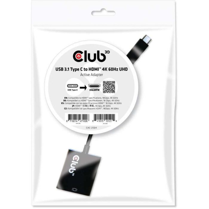 Club 3D Adaptador USB 3.1 Tipo C a HDMI 2.0 UHD 4K 60Hz HDR Activo Negro St/Bu 1 Club 3D Adaptador USB 3.1 Tipo C a HDMI 2.0 UHD 4K 60Hz HDR Activo Negro St/Bu 1