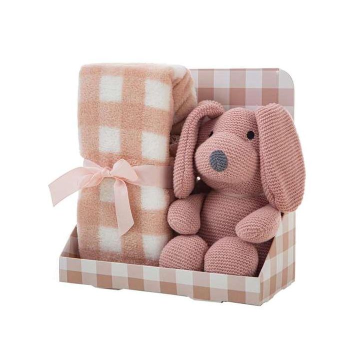 Creaciones Llopis Set Caja Manta Cuadros 90 x 75 cm Rosa Palo + Perro 26 cm 2