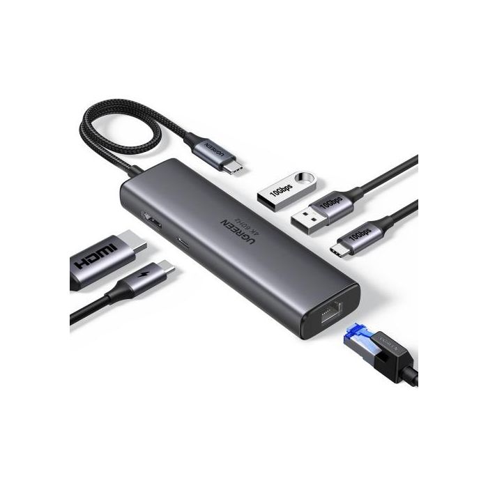 UGREEN 45000 Hub USB-C Revodok 6 en 1: Docking Station con HDMI 4K@60Hz, Ethernet, Carga PD 100W, USB 10Gbps, Gris