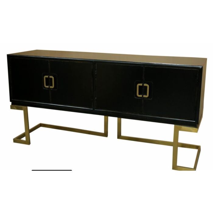 DKD Home Decor Buffet Oriental de Álamo y Metal con 4 Puertas y 2 Estanterías, Negro, Bronce y Dorado - 180x50x90 cm