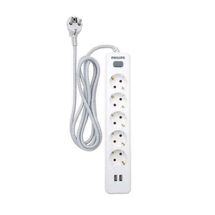Philips Spn3052wa/10 Base Múltiple 5 Tomas Schuko con Interruptor y 2 USB a 2.4A, Cable 2m, Blanco 1 Philips Spn3052wa/10 Base Múltiple 5 Tomas Schuko con Interruptor y 2 USB a 2.4A, Cable 2m, Blanco 1