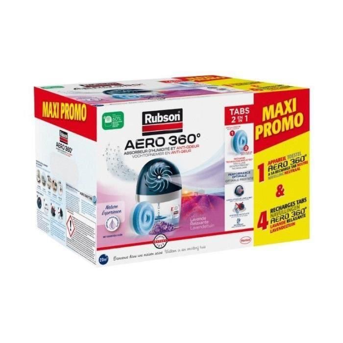 Absorbedor de humedad - RUBSON - MAXI PROMO - 4 recambios Lavanda + 1 aparato Aero 360° 20 m² Absorbedor de humedad - RUBSON - MAXI PROMO - 4 recambios Lavanda + 1 aparato Aero 360° 20 m²