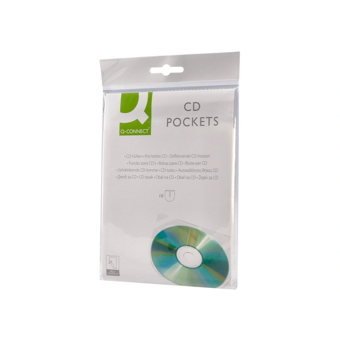 Q-connect Funda Autoadhesiva para CD/DVD de Polipropileno Transparente con Solapa - Pack 10 Unidades - Almacenamiento y Conservación de Discos 6