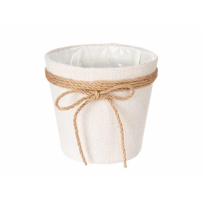 Ibergarden Macetero de Tela Blanco con Lazo Marrón - Elegante y Funcional para Plantas, Fabricado con Plástico y Cuerda, 15x14 cm (24 Unidades) 1