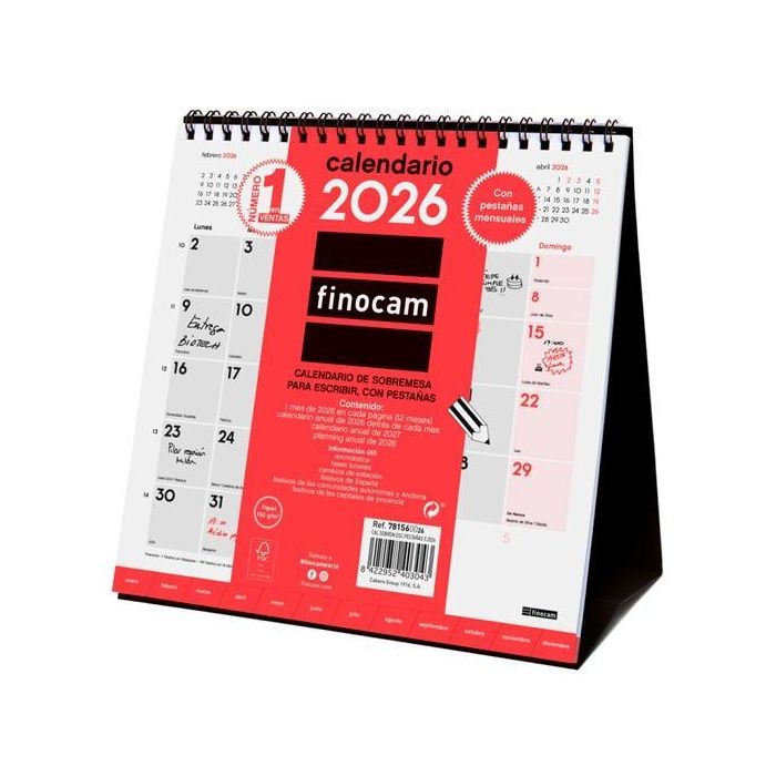 Finocam S-190x190 mm Calendario de Sobremesa 2026 con Pestañas y Espacio para Escribir, Ideal para Hogar u Oficina