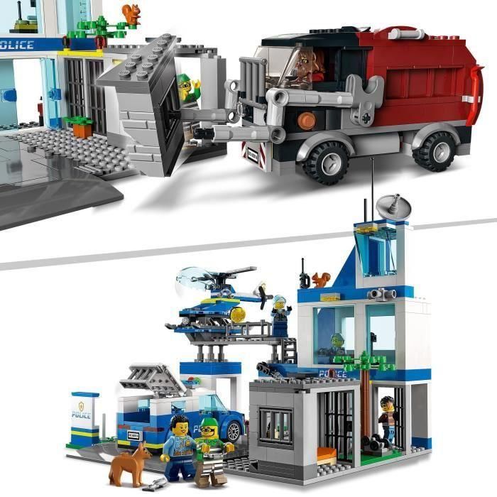 LEGO 60316 Comisaría de Policía de la Ciudad, Coche de Juguete, Camión de Basura y Helicóptero Niños +6 Años, Set Aventuras 2