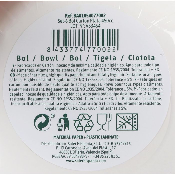 Set de 6 bols de cartón plata 450cc Algon (18 Cajas) 3