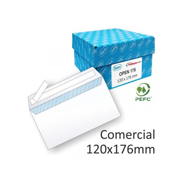 Sam OPEN-176 Sobre Comercial Autoadhesivo Con Tira De Silicona 120x176 90 gramos Offset Blanco 500 Sobres