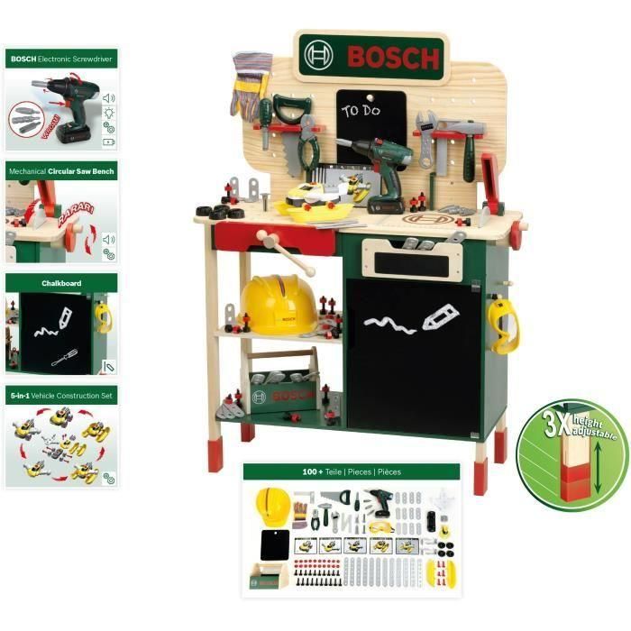 Klein 8734 Banco de trabajo grande Bosch Madera FSC con destornillador electrónico, caja de herramientas y juego de construcción