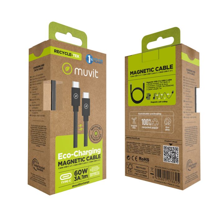 muvit for change cable magnético Tipo C a Tipo C 3A 60W 1m negro 1 muvit for change cable magnético Tipo C a Tipo C 3A 60W 1m negro 1