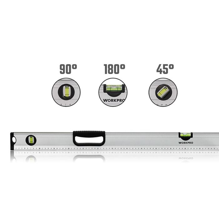 Workpro Nivel de Burbuja 100 cm Aleación Aluminio, Precisión 1mm/1m, 3 Viales (45°/90°/180°), Conteras Antigolpes 2 Workpro Nivel de Burbuja 100 cm Aleación Aluminio, Precisión 1mm/1m, 3 Viales (45°/90°/180°), Conteras Antigolpes 2