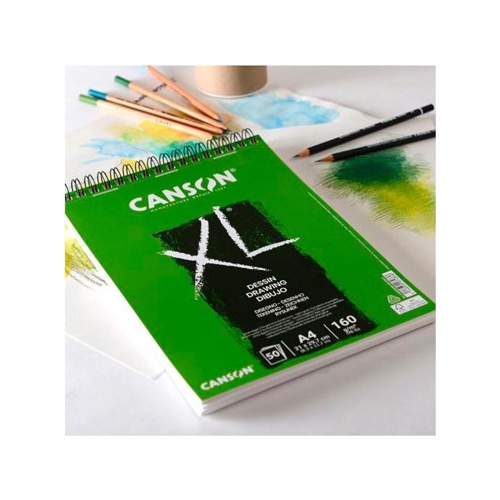 Canson Bloc Dibujo XL Drawing A4 Espiral 160g/m² (5 x 50 Hojas) para Lápiz, Carboncillo, Pastel y Pluma (5 Unidades)