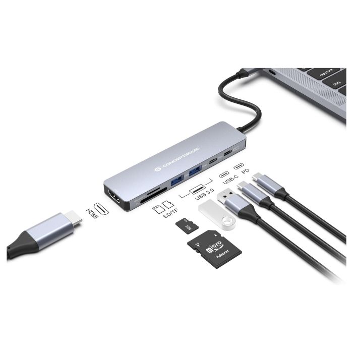 Conceptronic DONN28G Docking Station Gris USB Tipo C HDMI USB-A 5 Gbps SD/MicroSD PD 100W 4K 60Hz 3