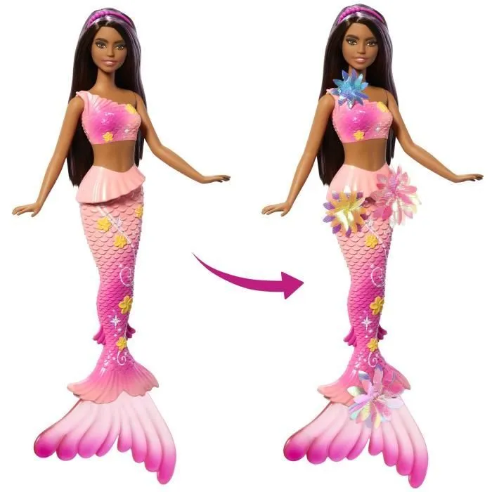 Barbie Muñeca Sirena Florece Morena JDM73 Mattel con Flores Sorpresa, Cola Degradada y Pelo Castaño con Mechas Moradas +3 Años 4