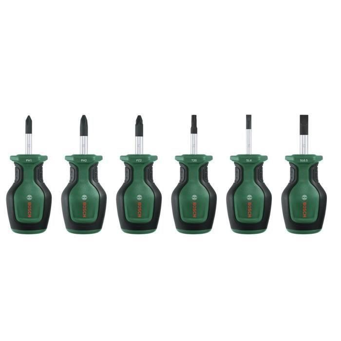 Juego de 6 destornilladores cortos Bosch (para espacios reducidos PH/PZ/TX/Flat S2 punta magnética de acero de alto par) Juego de 6 destornilladores cortos Bosch (para espacios reducidos PH/PZ/TX/Flat S2 punta magnética de acero de alto par)