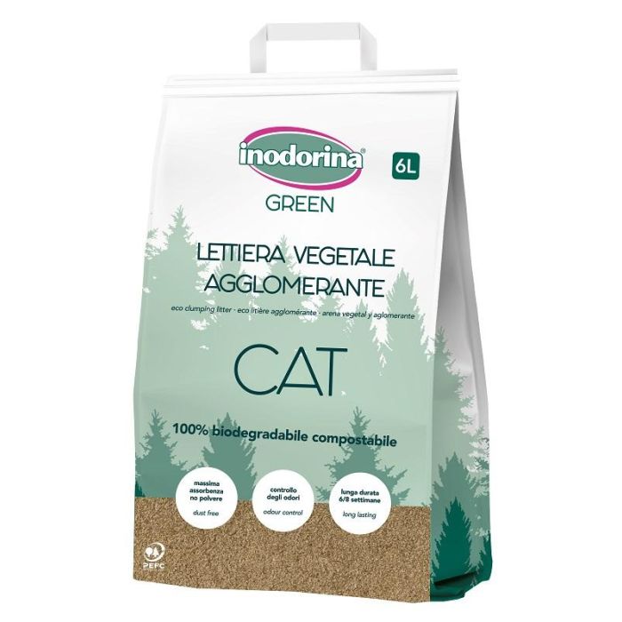 Inodorina Lecho Vegetal Aglomerante para Gatos, Biodegradable, Compostable, Ultra Absorbente, Sin Perfume, Madera PEFC 2.4 kg (6 L)
