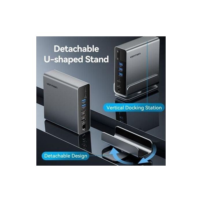 Vention TPUH0 Estación de Acoplamiento USB-C 15 en 1 con 2xHDMI 4K, DisplayPort, Gigabit Ethernet RJ45, Lector SD/TF y 100W PD Gris 3