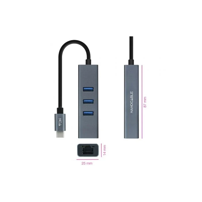 Nano Cable 10.03.0408 Hub USB-C a RJ45 Gigabit y 3xUSB 3.0, Gris 1 Nano Cable 10.03.0408 Hub USB-C a RJ45 Gigabit y 3xUSB 3.0, Gris 1