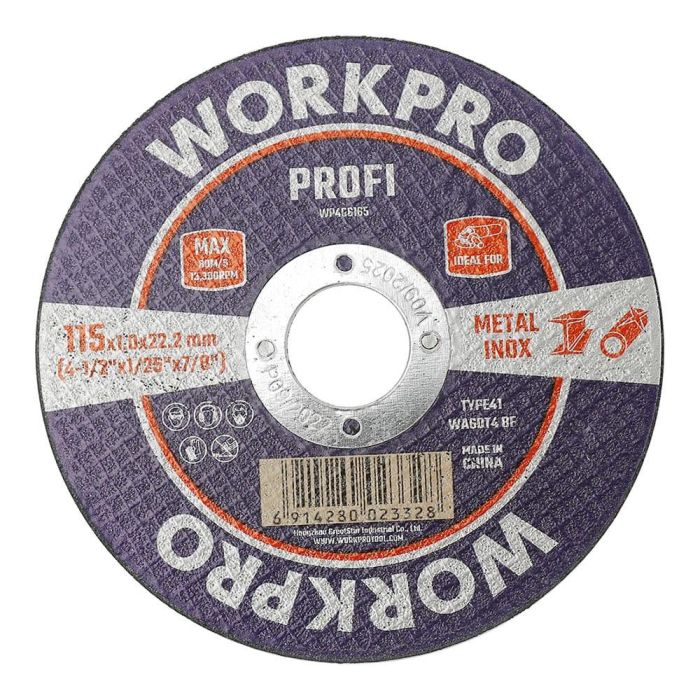 Workpro Disco de Corte para Acero Inoxidable y Metal, Profi, Ø115 x 1.6 x 22.2 mm, Reforzado, 13.300 rpm