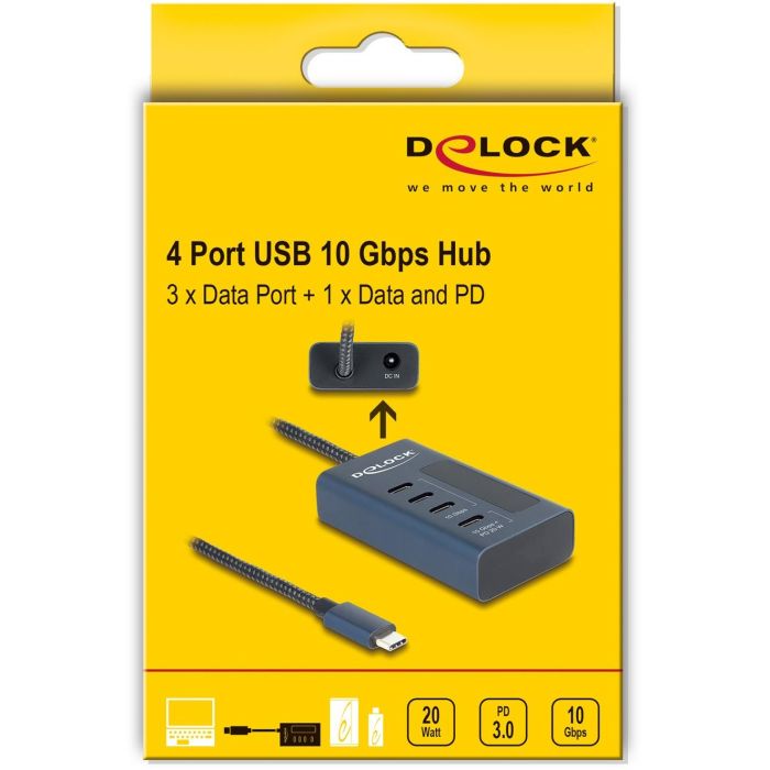 DELOCK USB 10 Gbps Hub mit 4 USB Type-C Ports davon 3 x Datenport + 1 x Daten und PD 20 Watt mit Leistungsanzeige 3