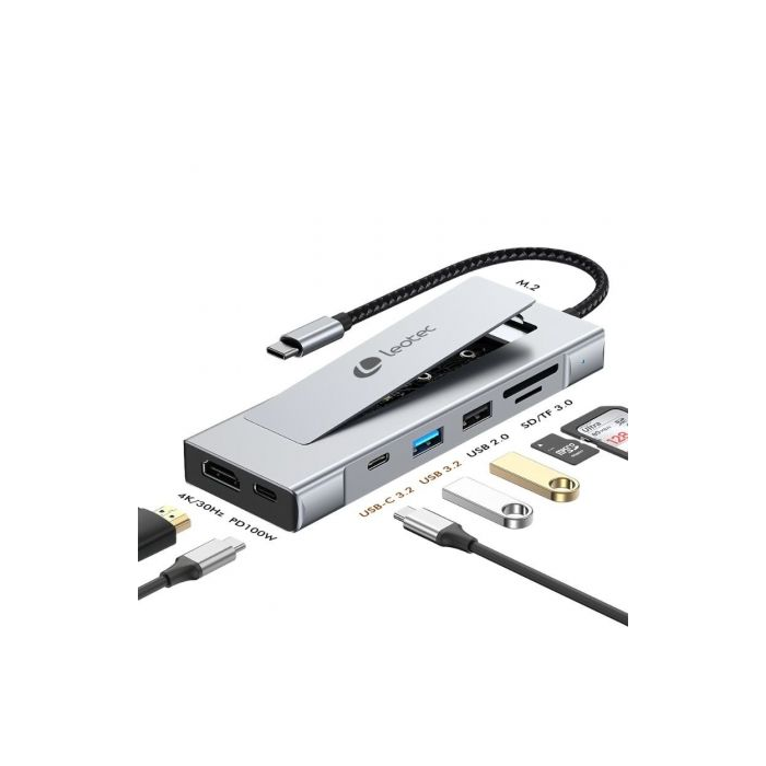 Leotec Docking Station USB Tipo-C LEDS07 8 en 1 con Ranura SSD M.2, 2xUSB, 1xUSB Tipo-C, 1xHDMI 4K, Lector SD/MicroSD, USB-C PD 100W 1