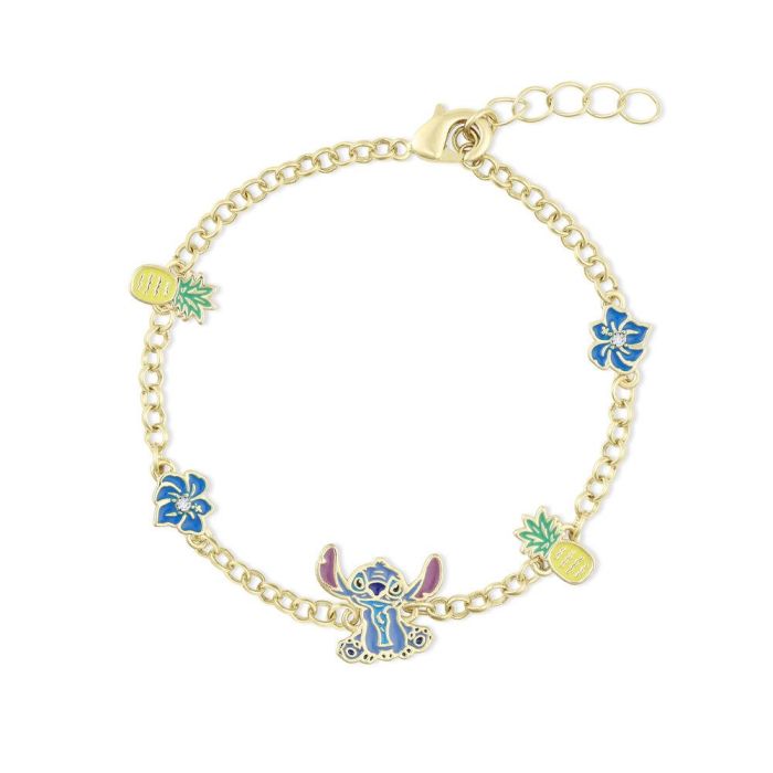 Disney Pulsera Stitch con Dijes de Piña y Flores Azules, Detallada y Encantadora Disney Pulsera Stitch con Dijes de Piña y Flores Azules, Detallada y Encantadora