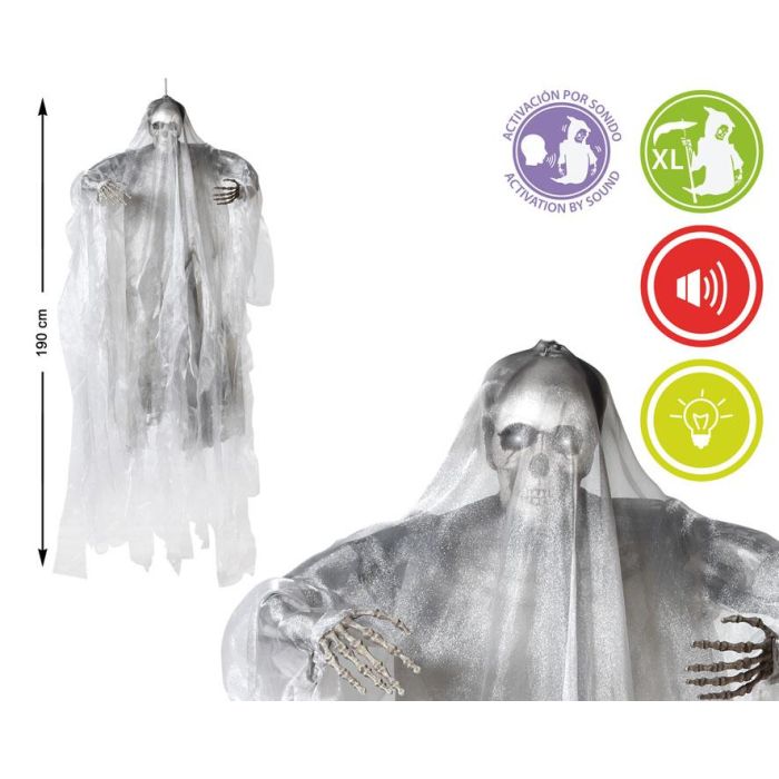 Calavera Colgante XL de 190 cm con Capa Oscura y Luz - Decoración Halloween Aspecto Envejecido para Jardín y Entradas